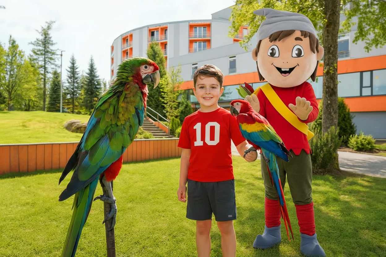 Zábavný animačný program s maskotom a papagájmi v Atrium Hoteli - Trinity Hotels.sk